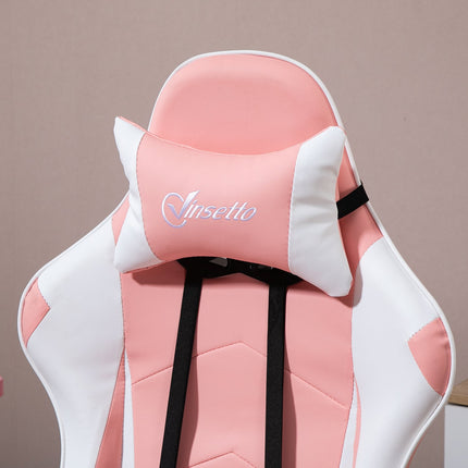 Ergonomic pink and white gaming chair with lumbar support
