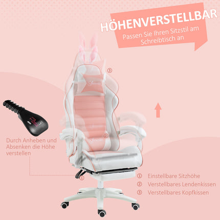 Pink ergonomic gaming chair with lumbar support and footrest
