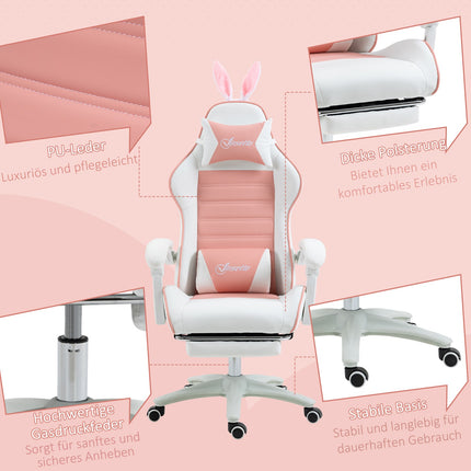 Pink ergonomic gaming chair with lumbar support and footrest