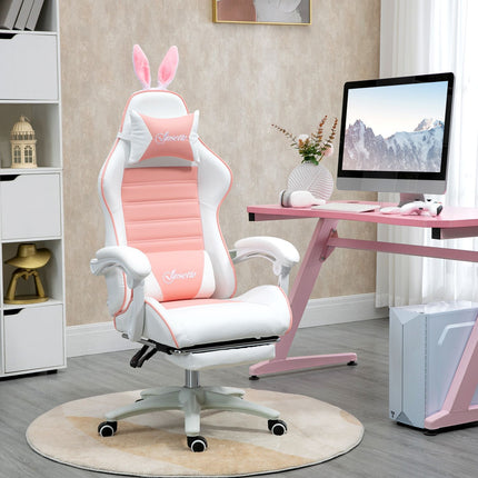 Pink ergonomic gaming chair with lumbar support and footrest