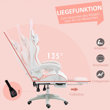 Pink ergonomic gaming chair with lumbar support and footrest