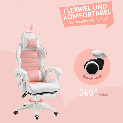 Pink ergonomic gaming chair with lumbar support and footrest