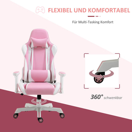 Pink & white gaming chair, adjustable, lumbar support, artificial leather