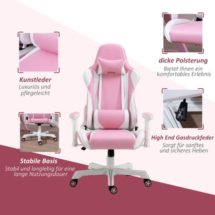 Pink & white gaming chair, adjustable, lumbar support, artificial leather