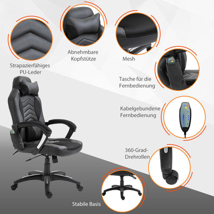 Ergonomic massage chair in black artificial leather with heat and vibration