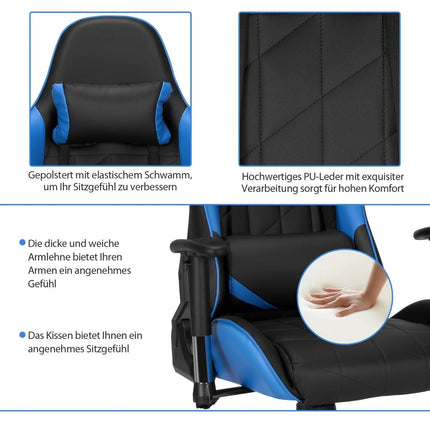Gaming Chair, Racing Style, Adjustable Recline, Blue