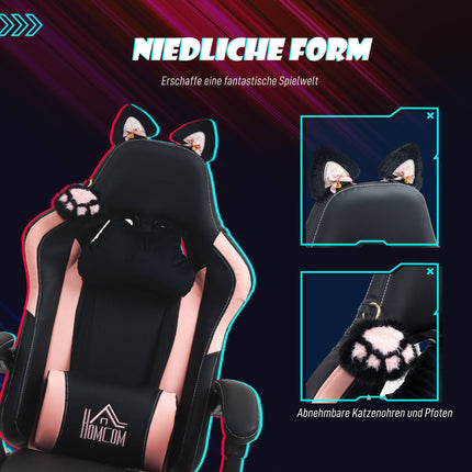 Gaming Chair with Cat Ears, Reclining, Footrest, Pink/Black