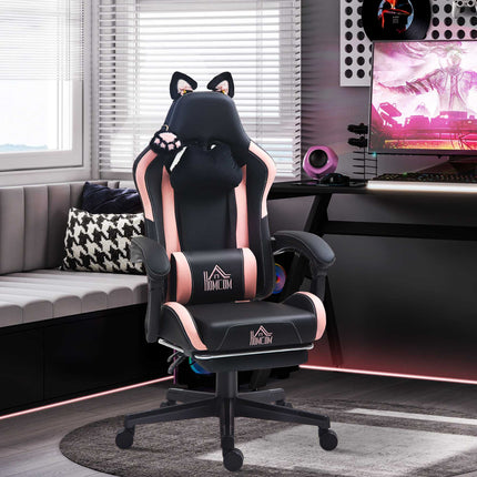 Gaming Chair with Cat Ears, Reclining, Footrest, Pink/Black