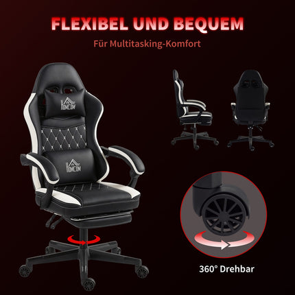 Gaming Chair with Footrest, Headrest & Cushion, Black/White
