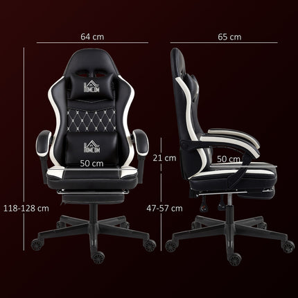 Gaming Chair with Footrest, Headrest & Cushion, Black/White