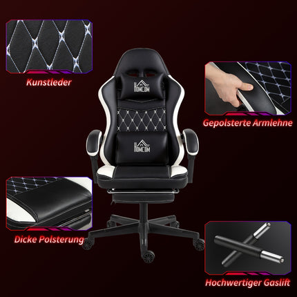 Gaming Chair with Footrest, Headrest & Cushion, Black/White