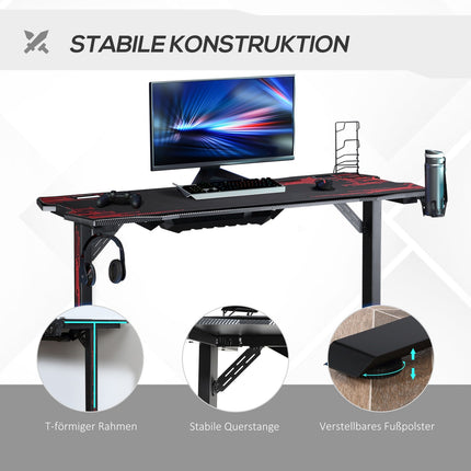 Game table with headphone hook, cup holder and mouse pad