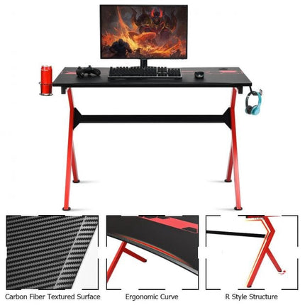 Gaming Desk, R-Shaped, Headphone Hook, Cup Holder, 115cm