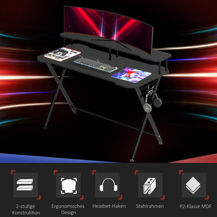 Game table with headphone hook, black steel & MDF, 120x60x90 cm