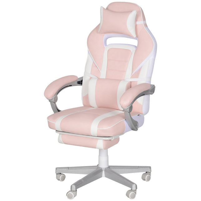 Pink gaming chair with footrest and adjustable cushions