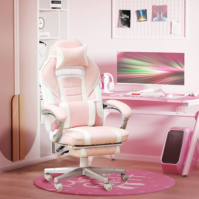 Pink gaming chair with footrest and adjustable cushions