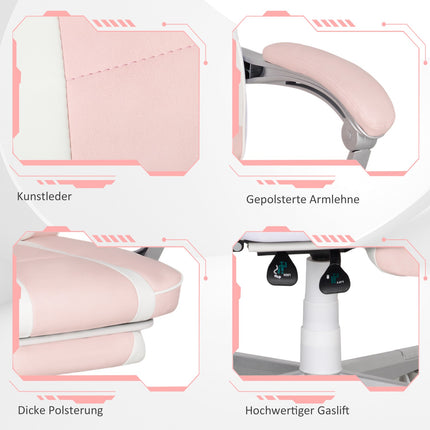 Pink gaming chair with footrest and adjustable cushions