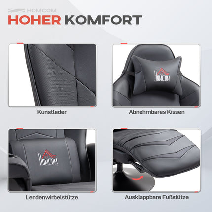 Gaming chair with massage and footrest, black leather look
