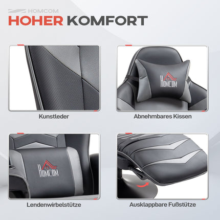 Gaming chair with footrest & massage, gray leather