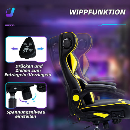 Ergonomic gaming chair with speaker, adjustable, black/yellow
