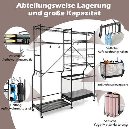 Garage Organizer for Sports Equipment with 5 Adjustable Shelves & Ball Basket & Side Hooks Black