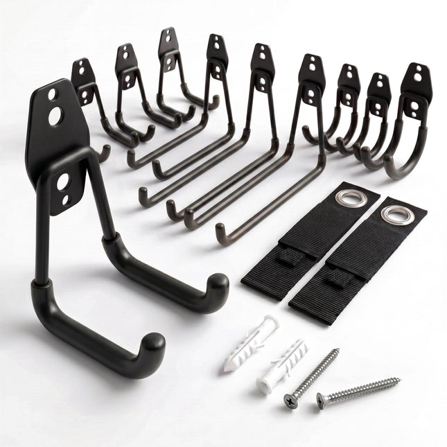 Garage Wall Hooks Set, 12-Piece PVC-Coated with Straps