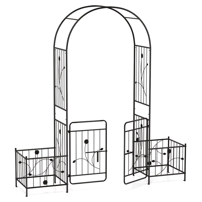 Garden Arbor Trellis with Lockable Gate, Side Planters, Black Metal