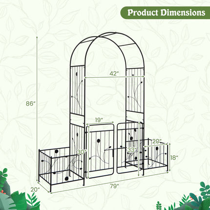 Garden Arbor Trellis with Lockable Gate, Side Planters, Black Metal