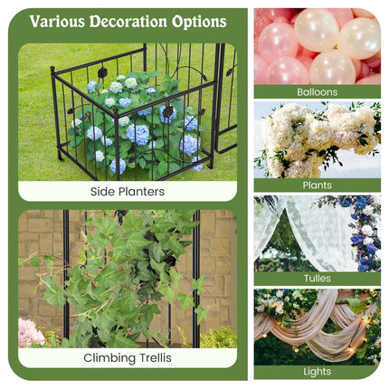 Garden Arbor Trellis with Lockable Gate, Side Planters, Black Metal