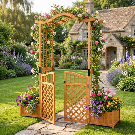 Garden Arbor With Gate, 2 Planter Boxes, Fir Wood