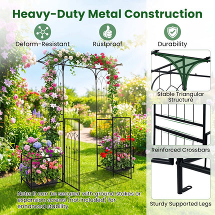 Garden Arbor with Gate, Planter Boxes & Trellis - Black Metal