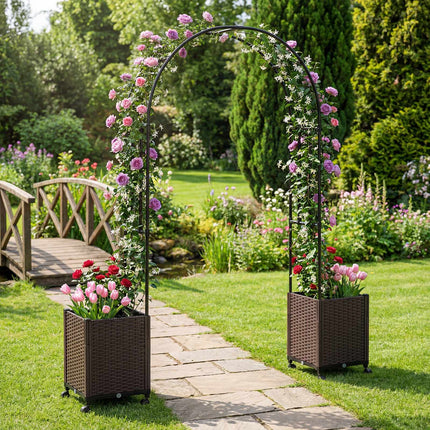 Garden Arch Trellis with 2 Self-Watering Planter Boxes