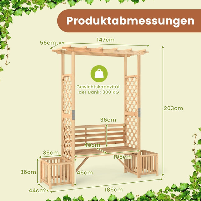 Garden Arch with Bench & 2 Planters – Natural Wood, 2-Seater