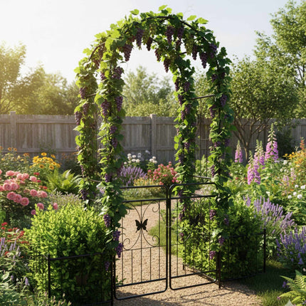 Garden Arch with Gate and Planters, Metal Trellis