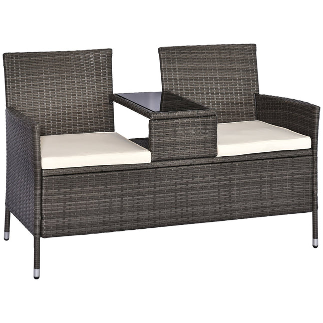 Garden bench in poly rattan, 2-seater with table, grey
