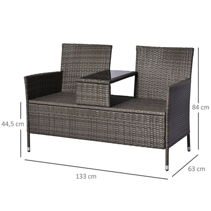 Garden bench in poly rattan, 2-seater with table, grey