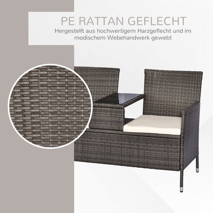 Garden bench in poly rattan, 2-seater with table, grey