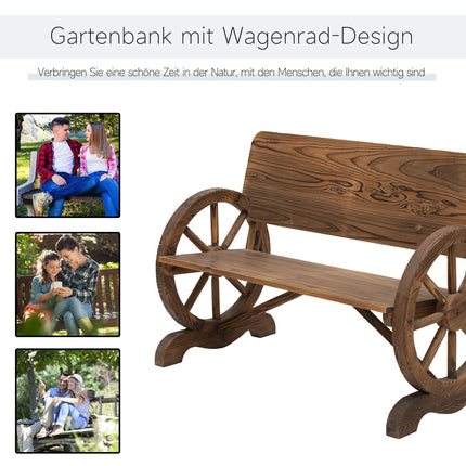 Rustic garden bench in solid wood, wagon wheels & armrests