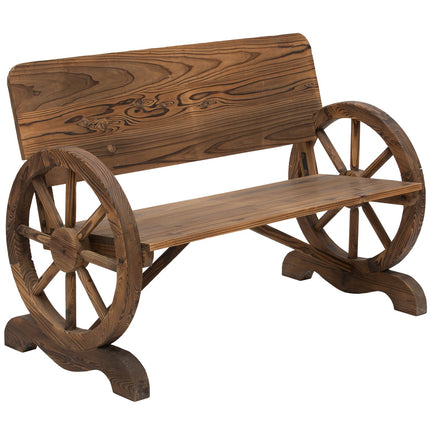 Rustic garden bench in solid wood, wagon wheels & armrests