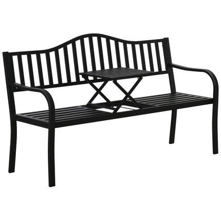 Black metal park bench with extendable table, 150cm