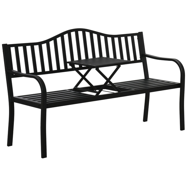 Black metal park bench with extendable table, 150cm