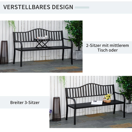Black metal park bench with extendable table, 150cm