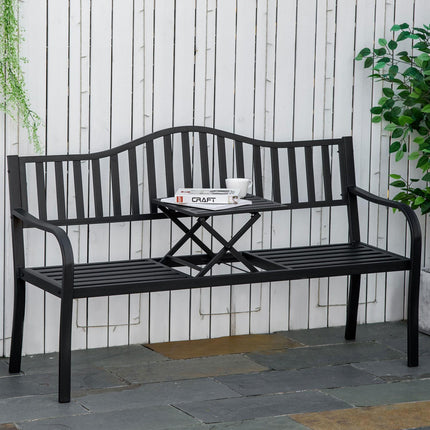 Black metal park bench with extendable table, 150cm