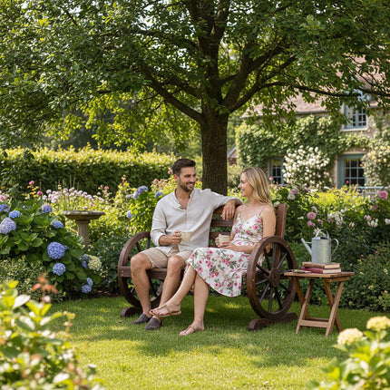 Garden Bench with Wagon Wheel Armrests, 2-Seater