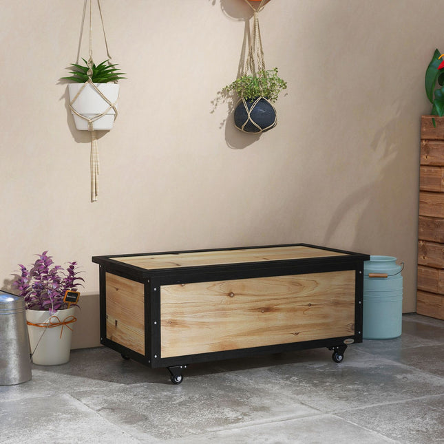 Weatherproof wooden storage box with wheels, 121L capacity
