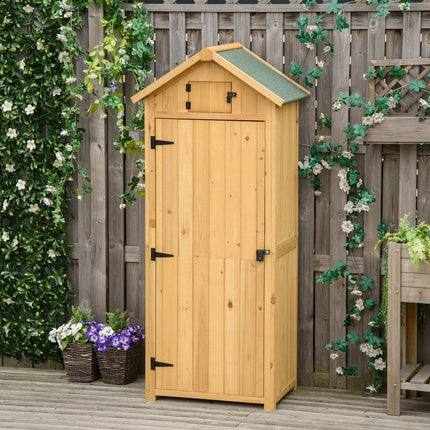 Wooden garden tool shed with shelves, asphalt roof, window