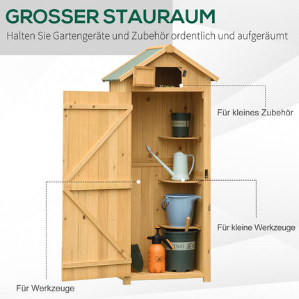 Wooden garden tool shed with shelves, asphalt roof, window