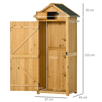 Wooden garden tool shed with shelves, asphalt roof, window