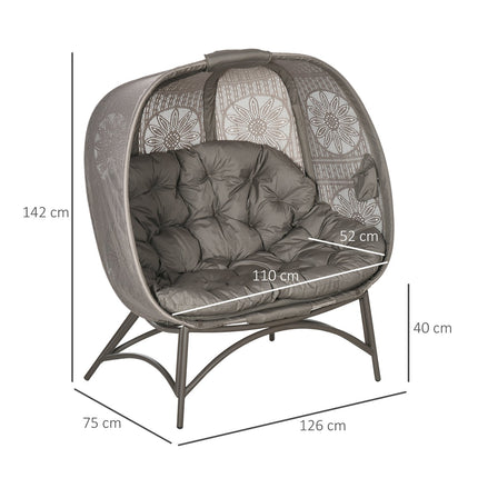 Wicker 2-seater garden chair with cushion, folding basket