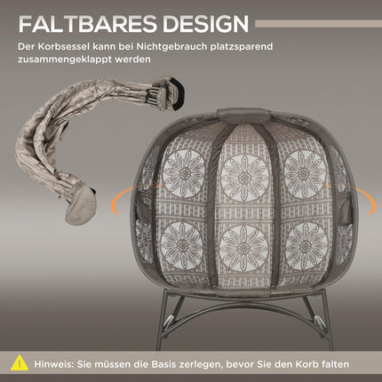 Wicker 2-seater garden chair with cushion, folding basket